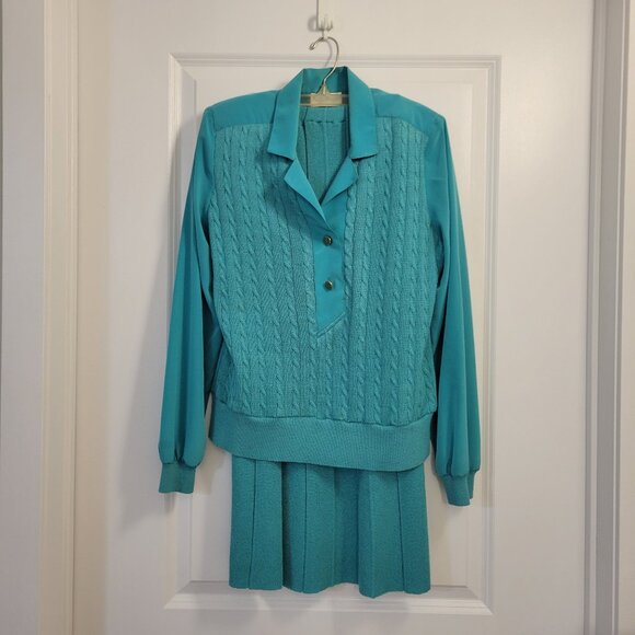 Vintage Philippe Marques 2-Piece Turquoise -Aquamarine Sweater and Skirt Set - Picture 1 of 14